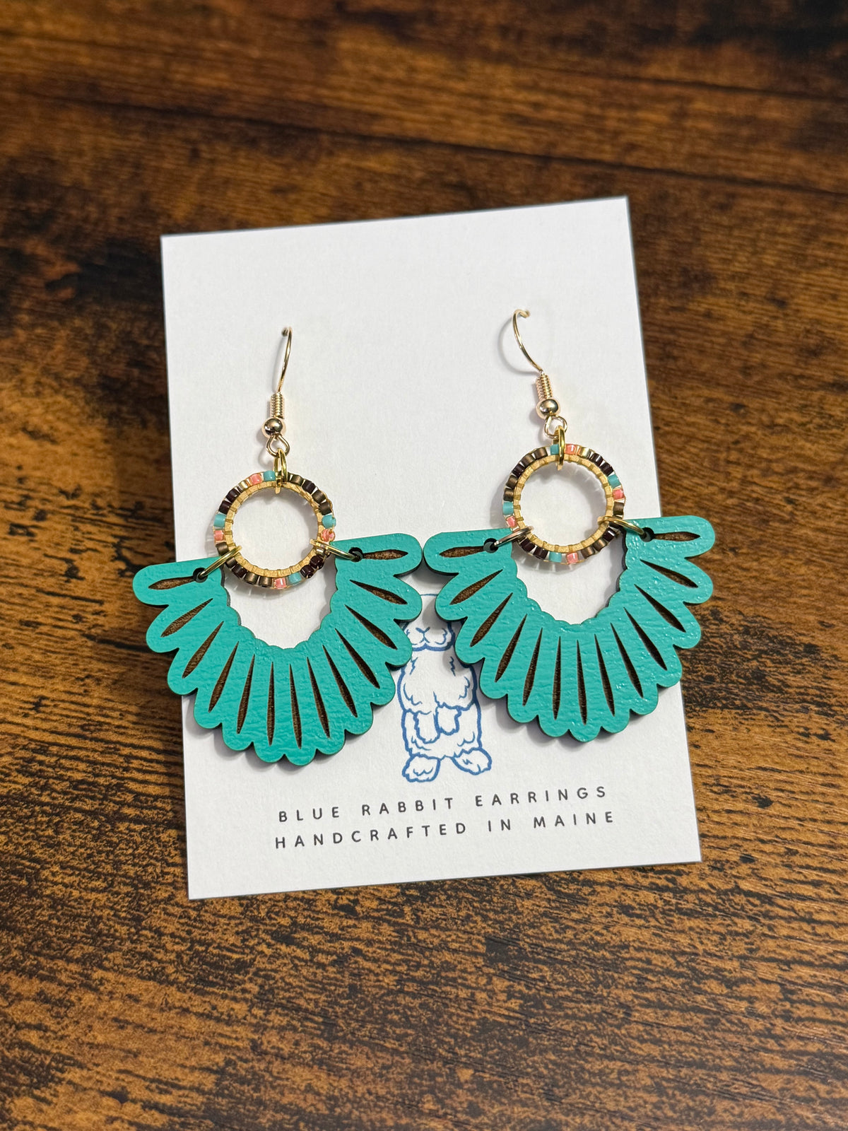 Scalloped Teal Wood & Seed Bead Earrings