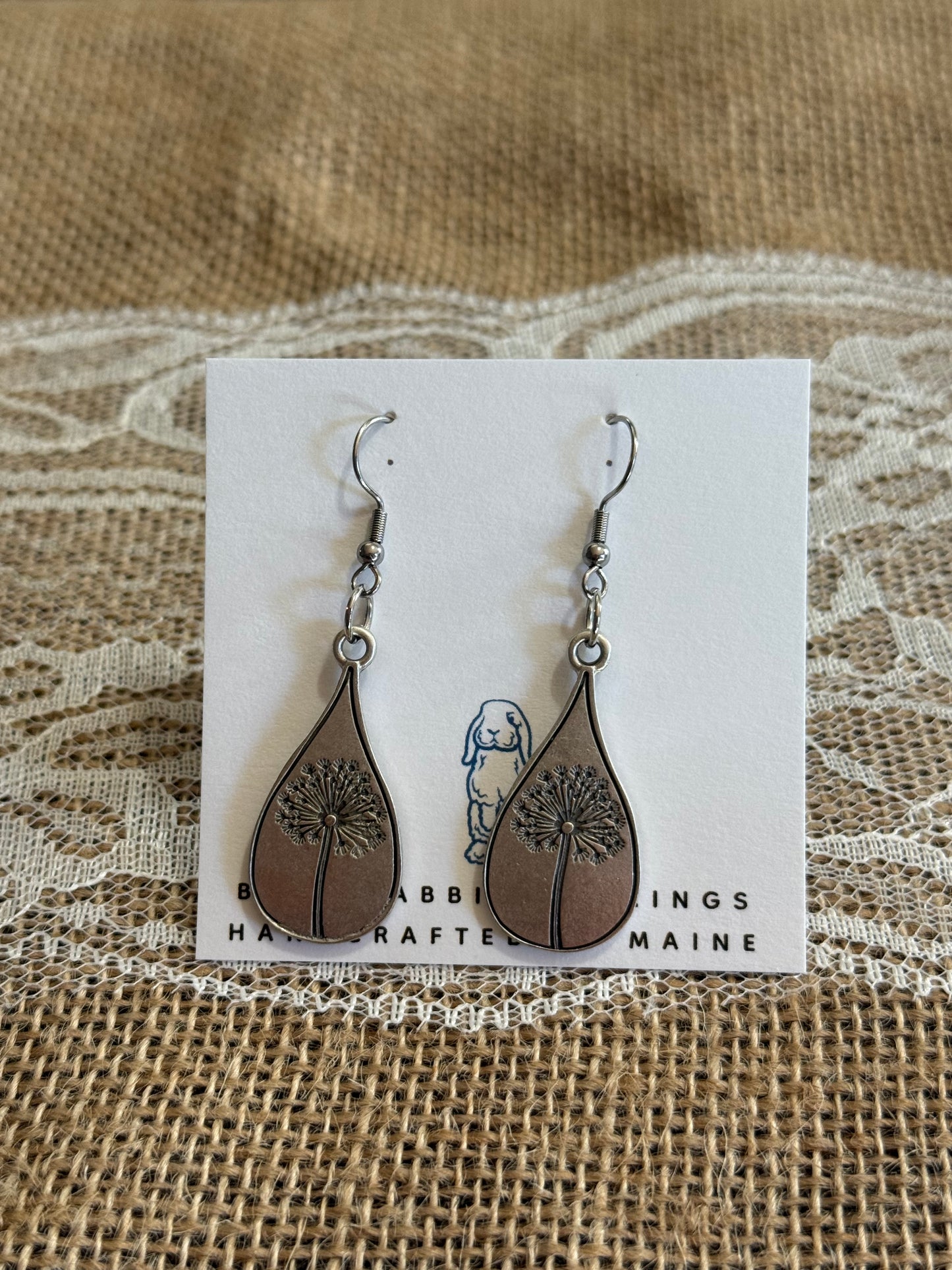 Antique Silver Dandelion Teardrop Earrings