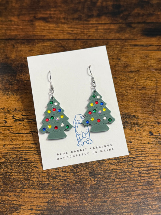 Acrylic & Gem Christmas Tree Earrings-Green