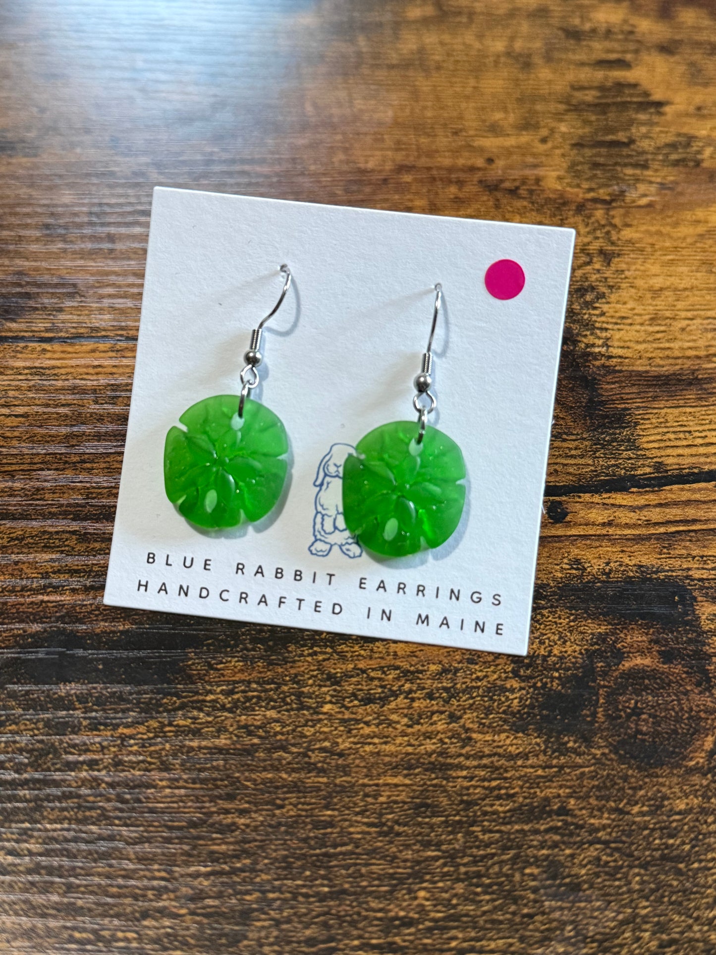 Shamrock Green Sea Glass Sand Dollar Earrings