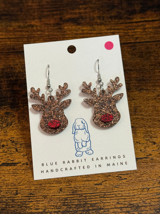 Acrylic Red Nosed Reindeer Earrings