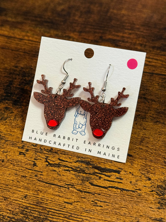 Acrylic Brown Glitter Reindeer Earrings