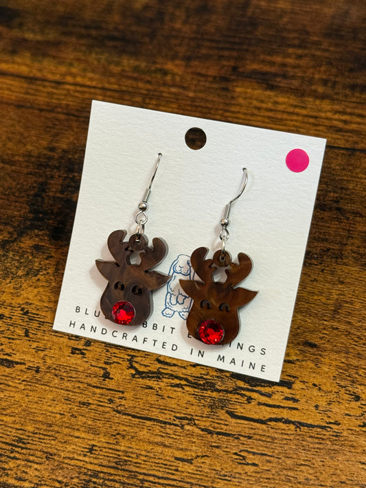 Acrylic Red Nosed Reindeer Earrings