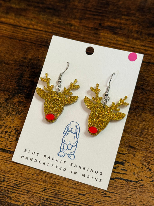 Acrylic Gold Reindeer Earrings