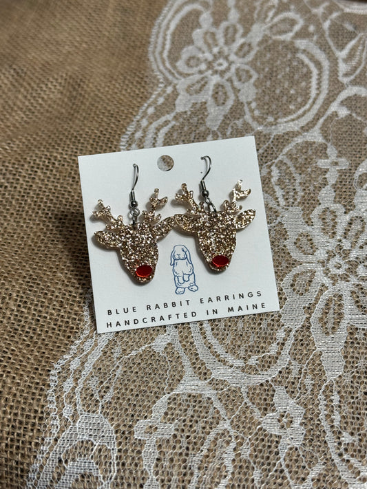 Acrylic Topaz Red Nose Reindeer Earrings