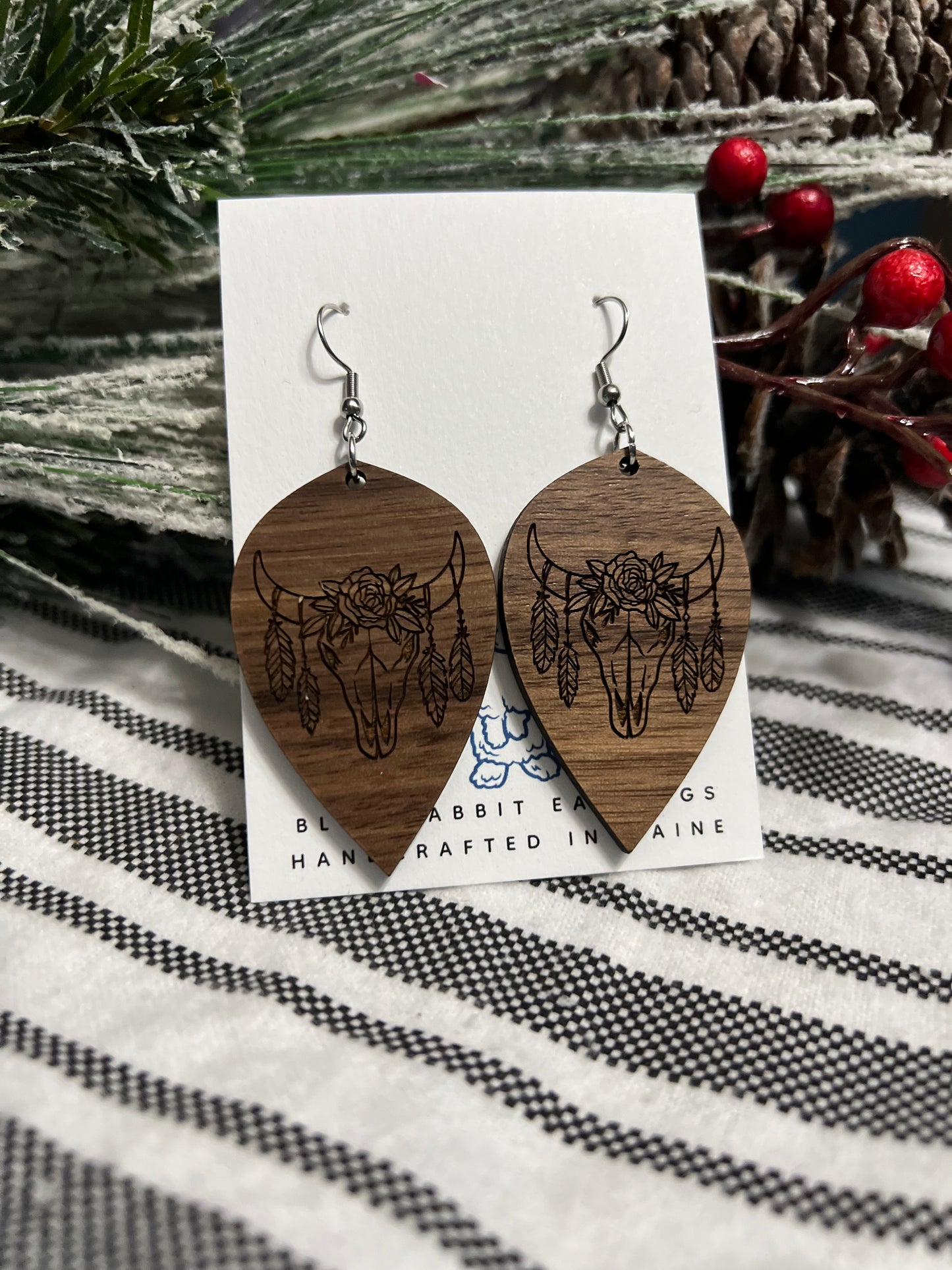 Walnut Cow Skull Earrings