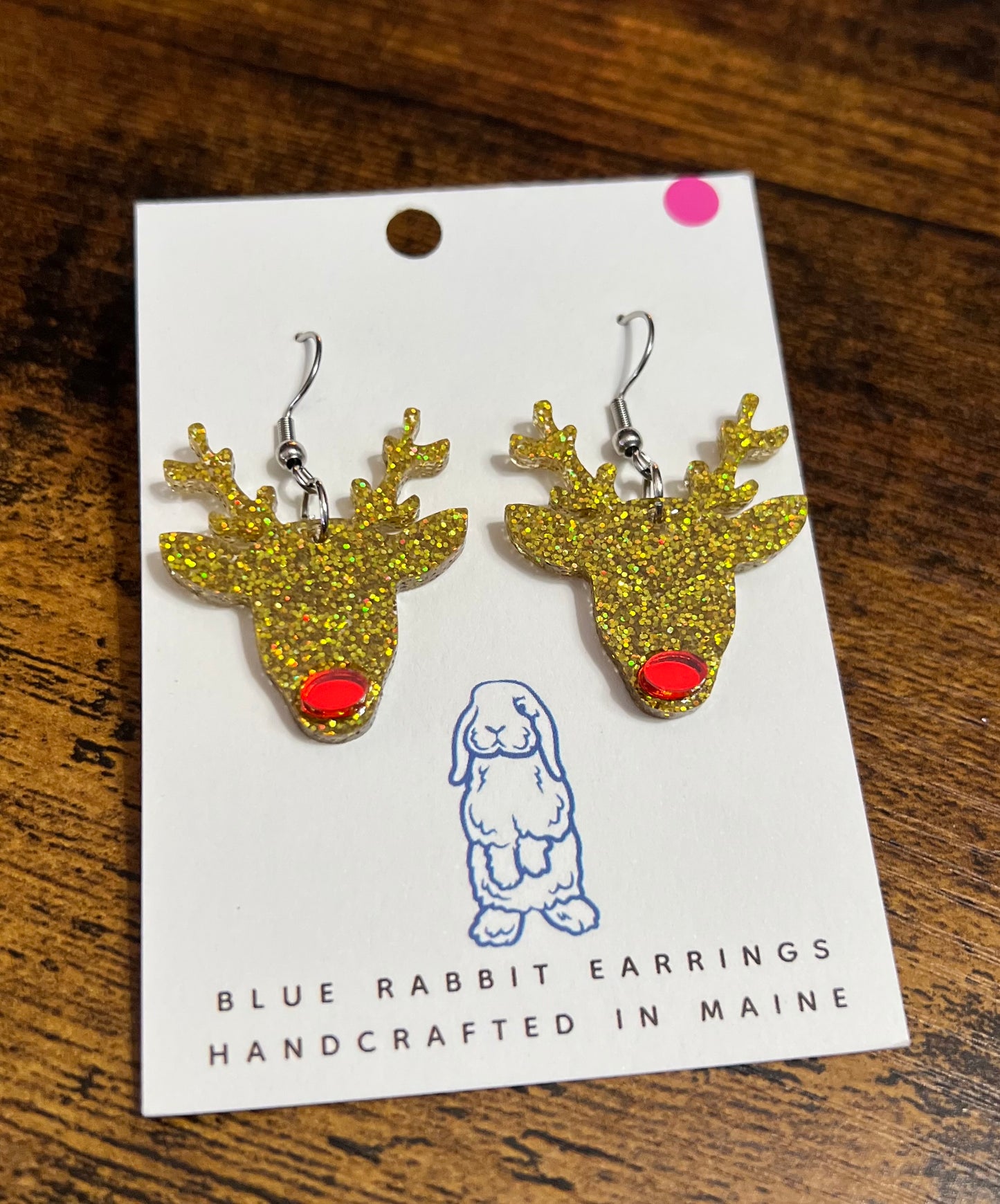 Acrylic Gold Red Nosed Reindeer Earrings