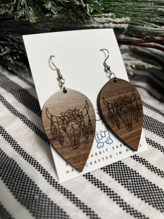 Walnut Cow Skull Earrings