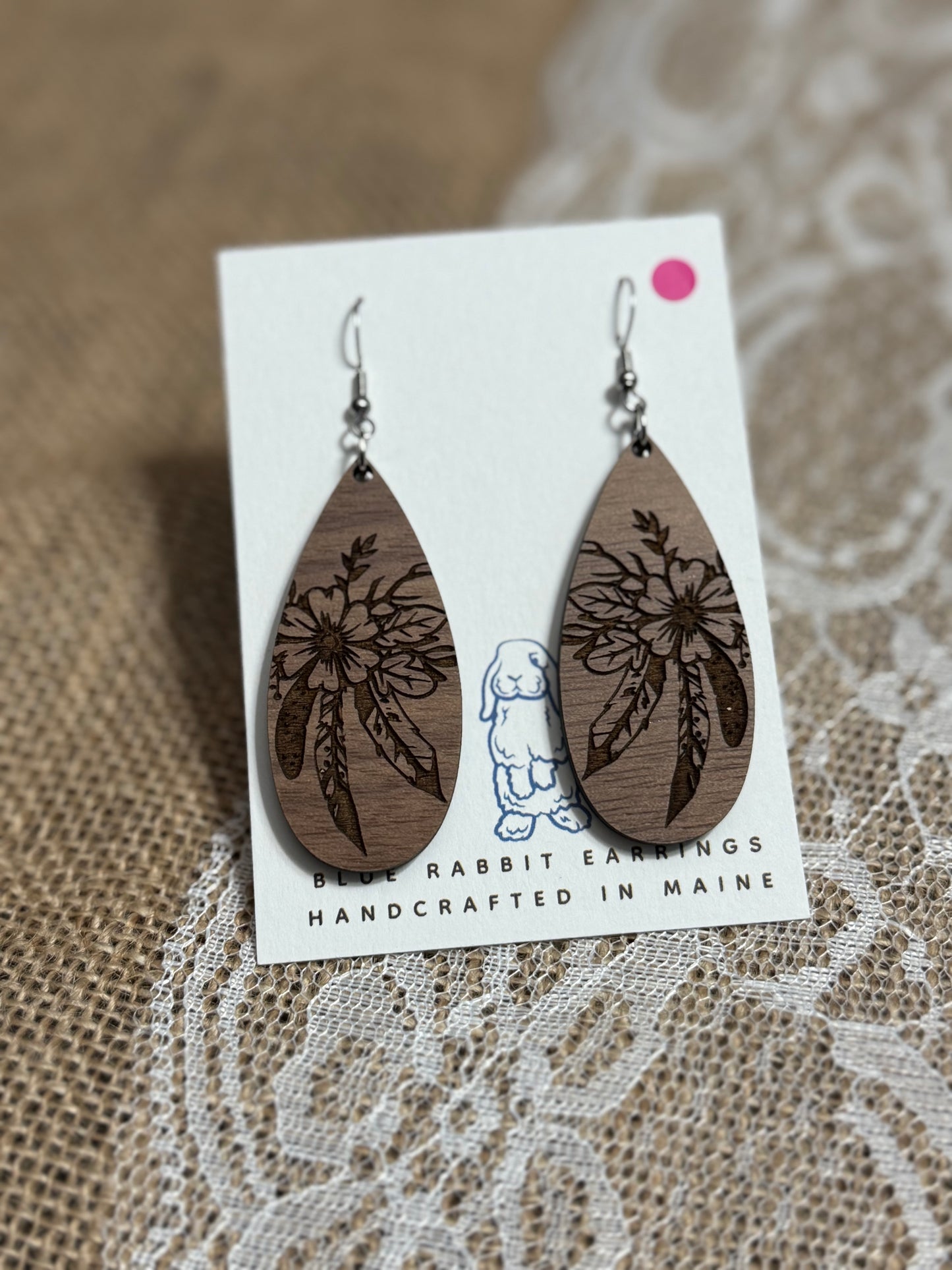 Walnut Feathers & Flower Earrings