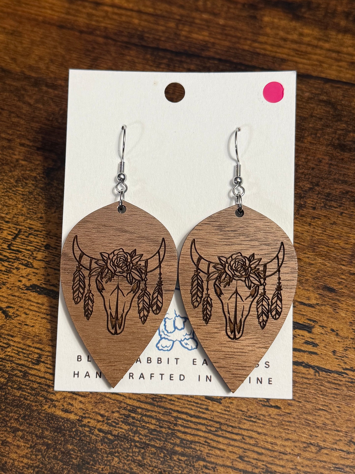 Walnut Cow Skull Earrings