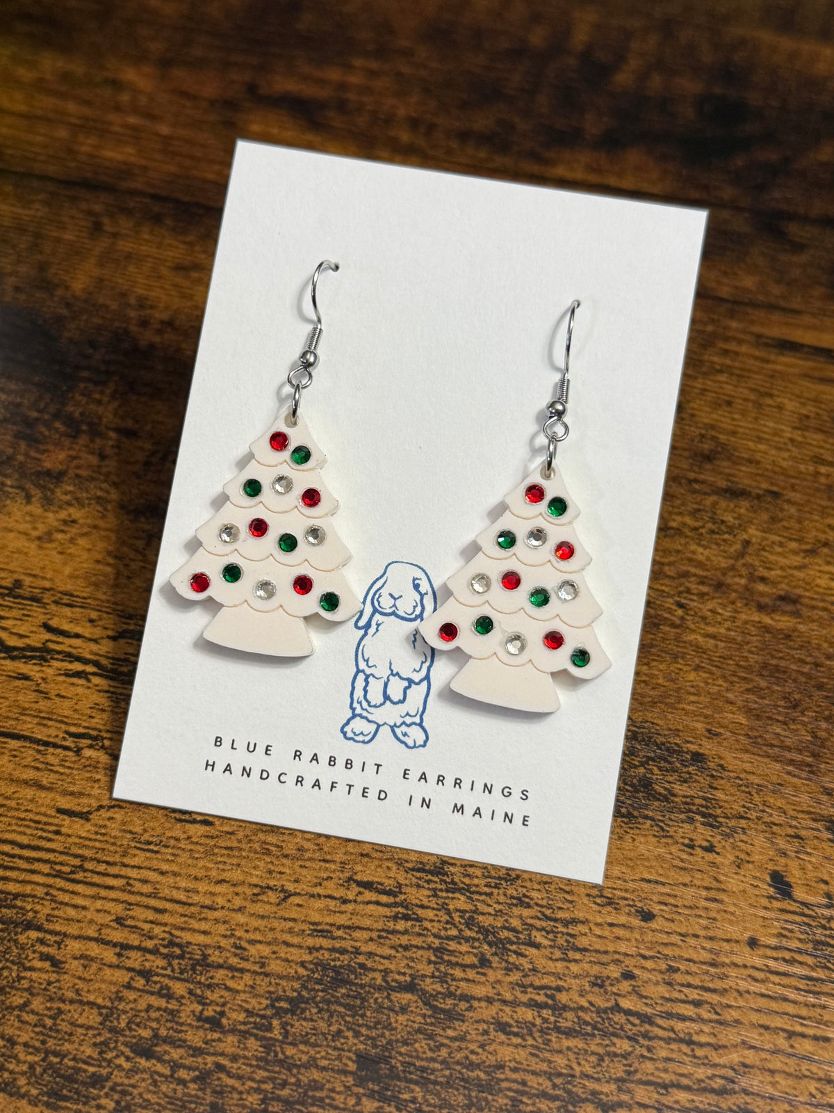 Acrylic Christmas Tree & Gem Earrings- Ivory
