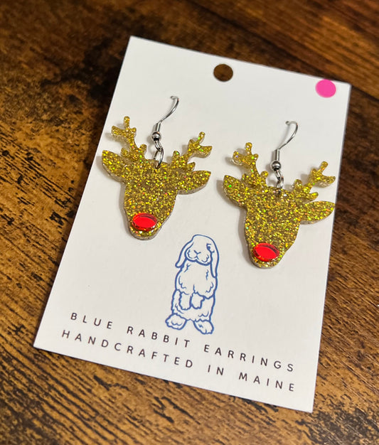 Acrylic Gold Red Nosed Reindeer Earrings