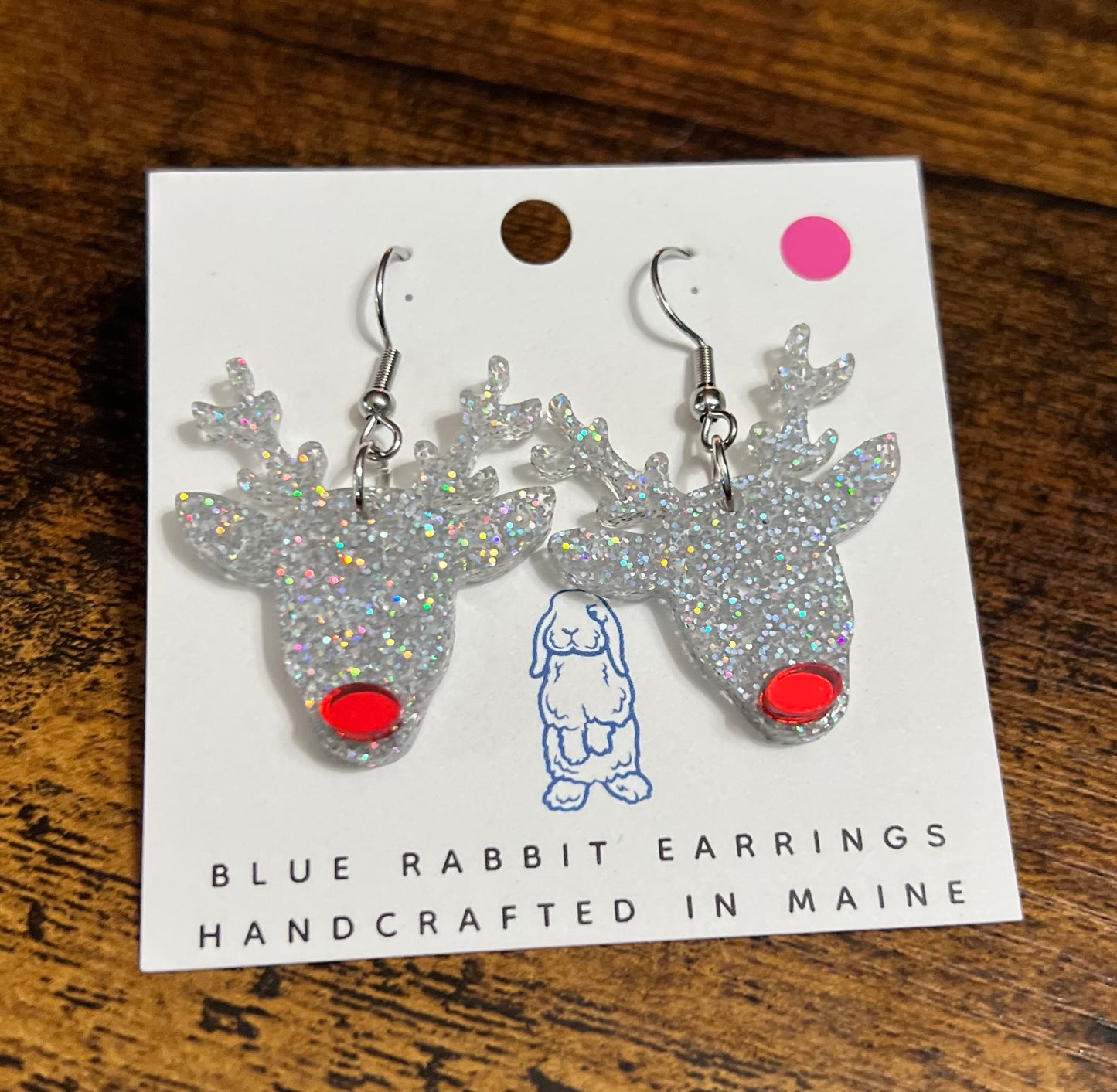 Acrylic Silver Red Nosed Reindeer Earrings