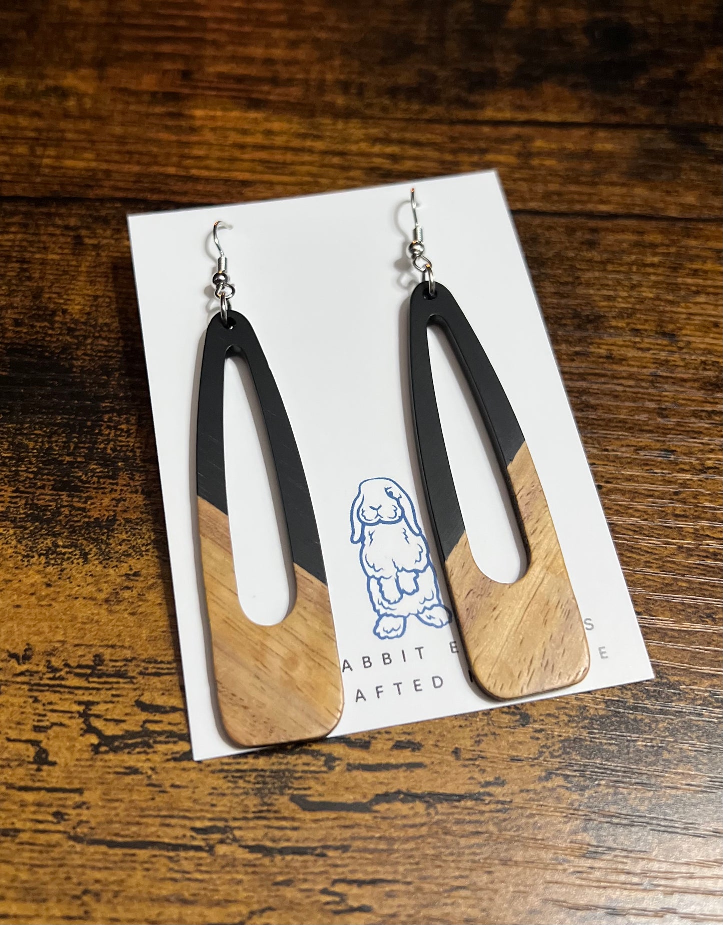 Black Acrylic & Wood Open Teardrop Earrings