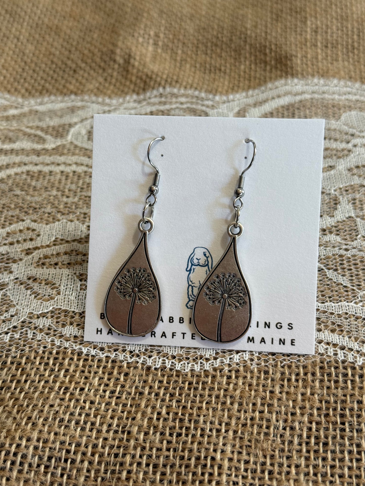 Antique Silver Dandelion Teardrop Earrings