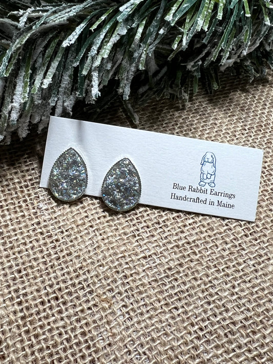 Teardrop Silver Druzy Studs