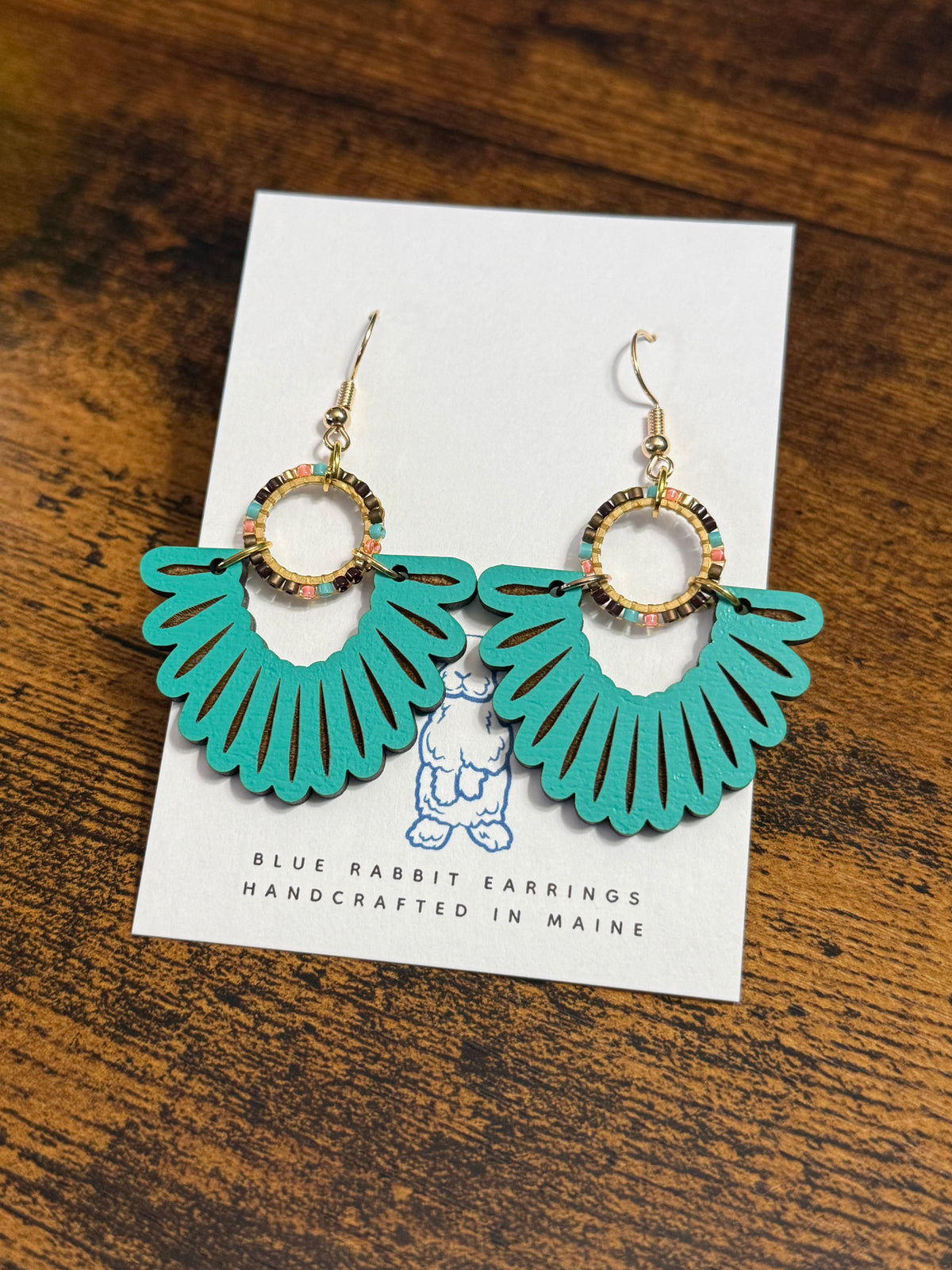 Scalloped Teal Wood & Seed Bead Earrings