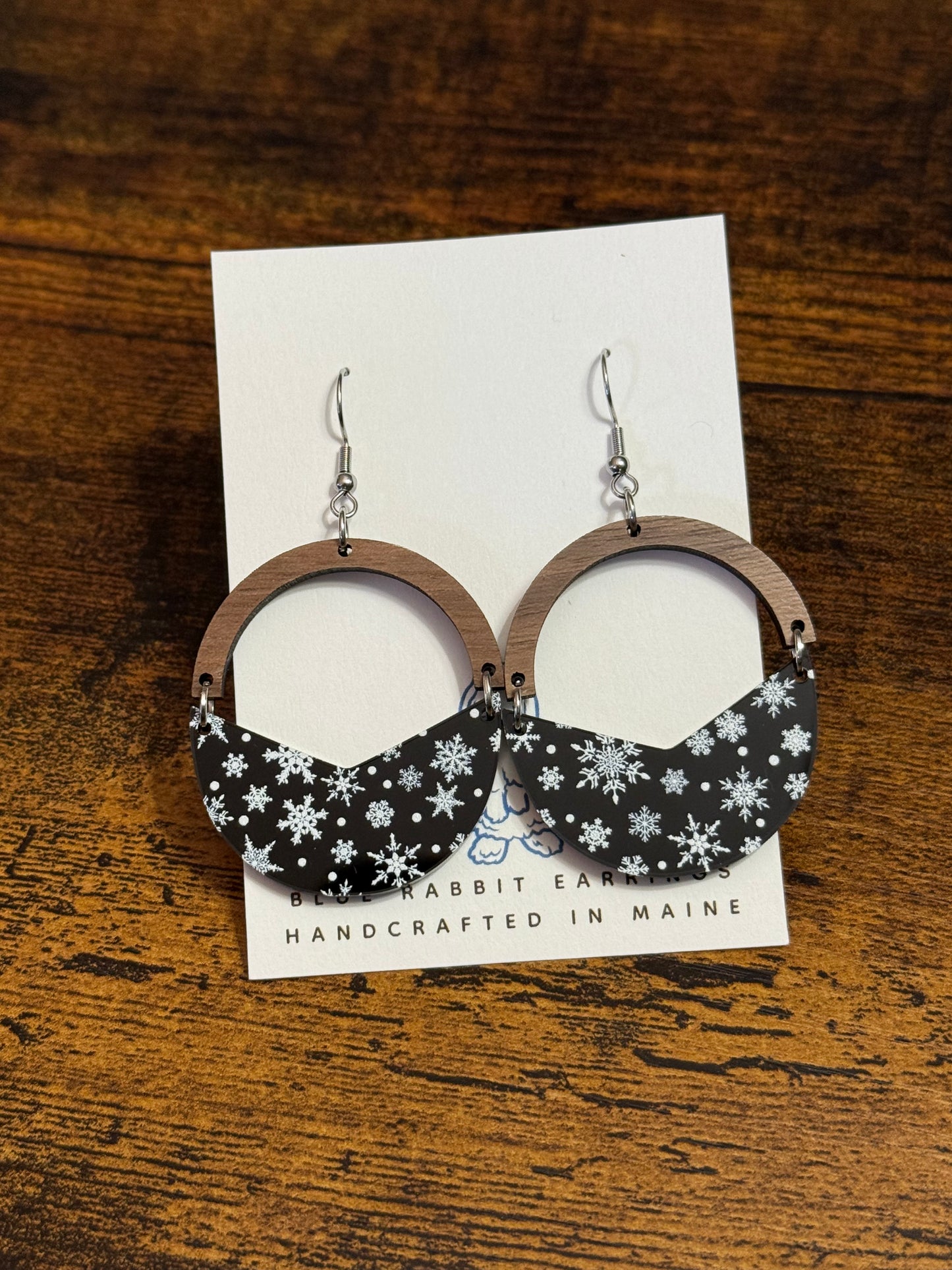 Acrylic & Walnut Snowflake Earrings