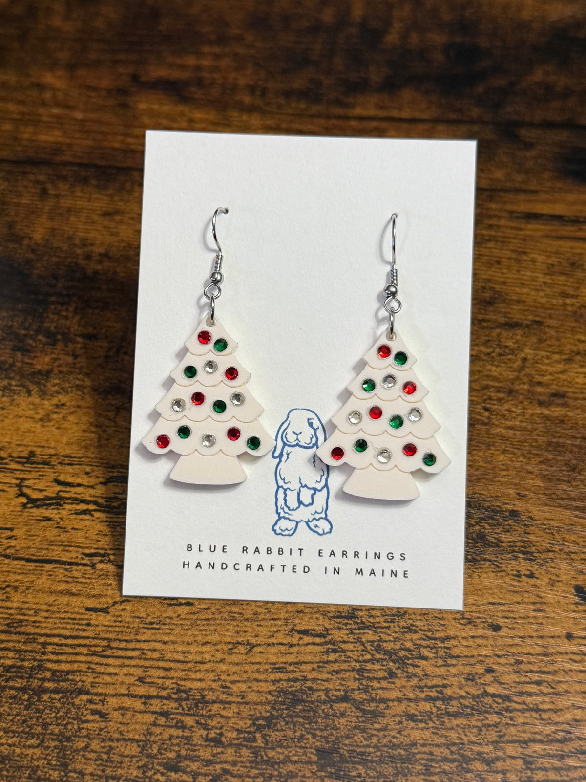 Acrylic Christmas Tree & Gem Earrings- Ivory