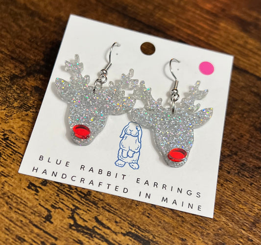 Acrylic Silver Red Nosed Reindeer Earrings