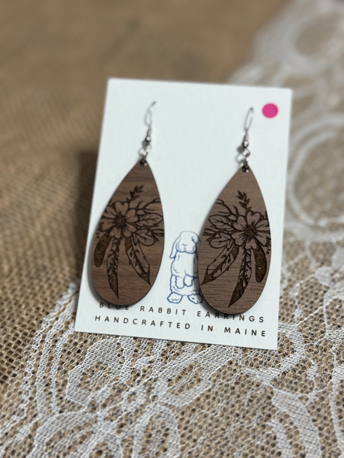 Walnut Feathers & Flower Earrings