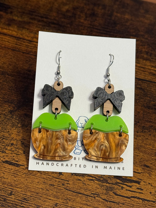 Acrylic Green Caramel Apple Earrings