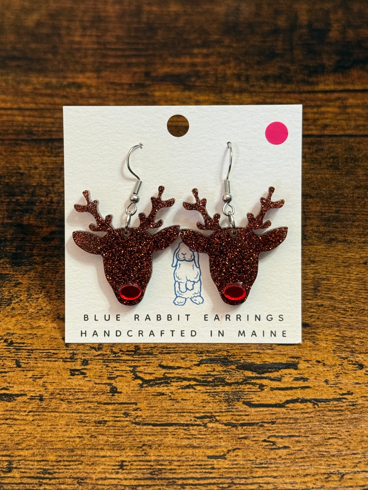 Acrylic Brown Glitter Reindeer Earrings