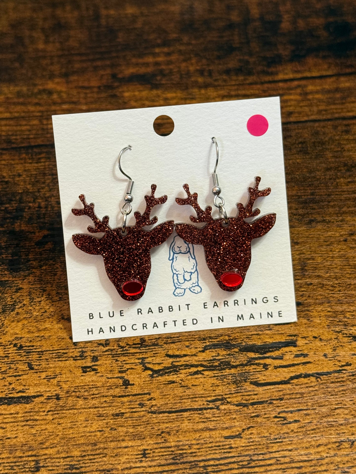 Acrylic Brown Glitter Reindeer Earrings
